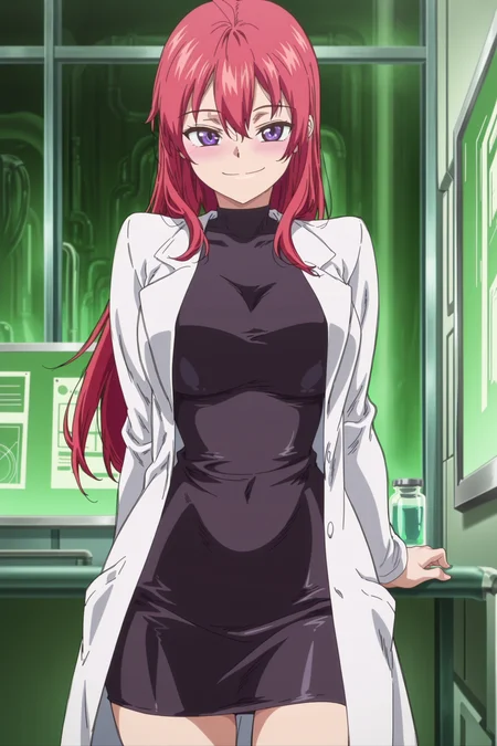 anime coloring, anime screencap, masterpiece, best quality, detailed face, detailed fingers, amazing quality,
in a science lab,
<lora:Kirill_Shounen_ga_Otona_ni_Natta_Natsu:1>
girl is 20 years old, Kirill (character), 1girl, solo,  long hair, red hair, purple eyes, lab coat, looking at the viewer, smile, cowboy shot,