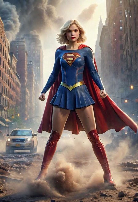 (masterpiece), 
blonde, wearing spcc costume with cape,
cute face,
fullbody,
HDR, highly detailed, 32k, amazing quality,
New York background, ultra detailed, , smoke, dust Particles,stylized by Hans Zatzk, vibrant Ray,