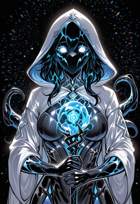 remsrar, yourfreakyneighbourh, teranen, 
(very awa, masterpiece, best quality:1.2), general, lineart:1.2, genshin impact,
solo, 1girl, monster girl, Octopus girl, animal head, portrait, medium breasts, hooded robe, dress, holding weapon, staff, casting spell, hydrokinesis, symbiote, BREAK
iridescent:1.2, 1r1d3sc3nc3,chromatic abberation, light particles, black background, (shiny, abstract:0.7), underlighting:1.2, 
<lora:NOOB_vp1_detailer_by_volnovik_v1:0.7>  <lora:1r1d3sc3nc3XL:0.6> <lora:spo_sdxl_10ep_4k-data_lora_webui:1>