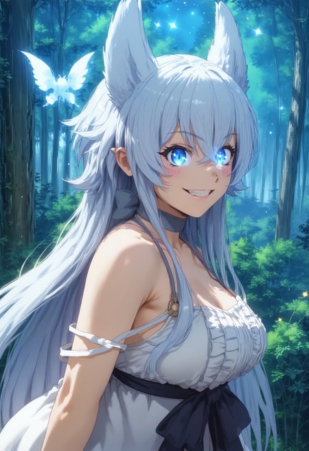 score_9, score_8_up, score_7_up, highres, high res image, masterpiece, 1girl, 20yo, solo,detailed face, detailed eyes, anime style, lv2fenrys, <lora:Lv2Fenrys>, white hair, looking at viewer, white dress, star eyes, blue eyes, glowing eyes, night, forest, large breasts, smile fangs,