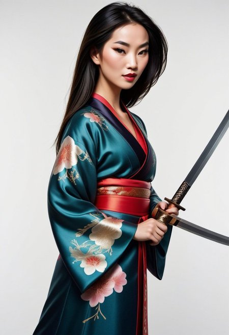 Ultra Realistic,  Mulan, glam, classy kimono, holding a sword