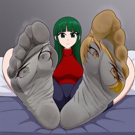 girl. green hair. sultry seductive expression on her face, foot focus, dirty socks, foreshortening, sexy soles, sexy feet, foot fetish, one character. socks. dirty socks. faces on socks. living socks with worried eyes. solo character.