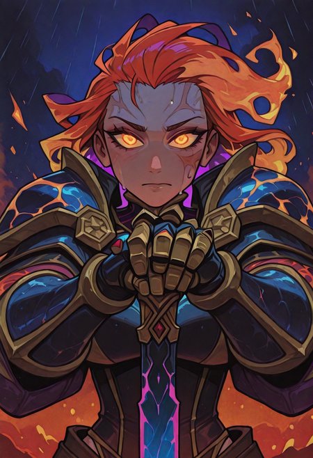 Dark fantasy illustration, ultra-detailed, painterly textures, rich cinematic lighting. An extreme close-up of a mysterious female warrior, her intense, glowing eyes reflecting distant firelight. Her face is partially obscured by swirling strands of windblown hair, damp with sweat and rain. Scars trace across her skin, hinting at battles fought.
Fiery embers drift through the air, caught in the stormy wind, their glow contrasting against the cool blue moonlight illuminating her cheekbones. A single bloodstained gauntlet is raised, gripping the hilt of a rune-etched blade, the reflection of a burning battlefield flickering along its steel.
Deep contrasts—warm ember glow against the cold, misty background. High-saturation highlights bring out the iridescent sheen on her armor, while soft shadows add depth. Her eyes—piercing gold or ethereal violet—draw the viewer in, making the scene feel alive and full of story.