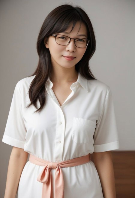 masterpiece, best quality,   RAW photo, (photorealistic:1.37, realistic), highly detailed CG unified 8K wallpapers, 8k uhd, dslr, soft lighting, high quality, film grain, Fujifilm XT3, hehehe, a 40 year old Japanese woman wears glasses, has  small breasts, a big waist, big thighs, wide hips, look at viewer, realistisc skin texture, detailed face and eyes, close up, shirt dress, peach