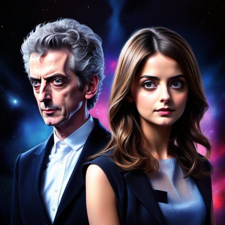 Peter Capaldi and Jenna Coleman in Doctor Who,  perfect face concept, powerful, fantasy, (elegant:1.18), illustration, bosschalk, neon highlights