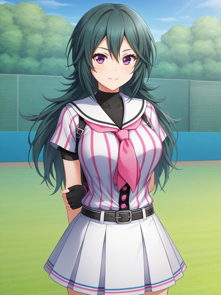 score_9, score_8_up, score_7_up, source_anime, masterpiece, intricate details, BREAK 1girl, solo, <lora:Hiiragi_Kotoha:1> Kotoha, k0t0h4, long hair, green hair, bangs, hair between eyes, purple eyes, BREAK baseball uniform, shirt, striped shirt, vertical-striped shirt, skirt, pleated skirt, white skirt, black gloves, fingerless gloves, pink neckerchief, belt, BREAK curvy, (breasts:1.0), (sagging breasts:0.5), (wide hips:1.0), BREAK standing, contrapposto, arms behind back, BREAK looking at viewer, light smile, BREAK outdoors, baseball field, BREAK zPDXL, zPDXLxxx,