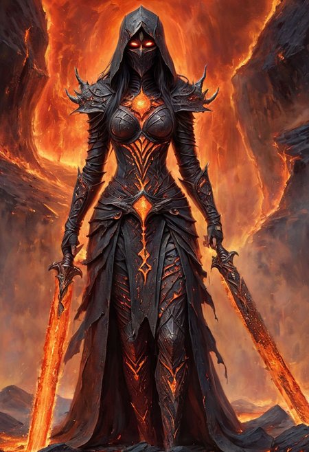 A stunning, highly detailed dark fantasy full body illustration of a mystic woman. She walks in lava, Fire goddess, dark  toga, canvas hood, war mask, cracked skin, basalt, surrealist