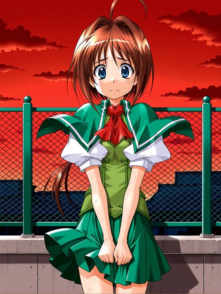 masterpiece,best quality,amazing quality,
1girl,solo,
<lora:wakatsuki_kotomi_ilxl_v1.0:1>,w_kotomo,ahoge,brown hair,blue eyes,low ponytail,long hair,
k_clothes,green capelet,ascot,green vest,puffy short sleeves,green pleated skirt,
<lora:Fixhands_anime_bdsqlsz_V1:1>,red sky,cloud,rooftop,fence,looking_up,straight-on,cowboy_shot,scared,sweat,