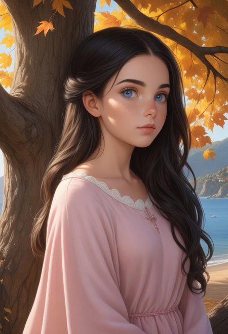 (photorealism:1.5)
child female princess, young child princess, thoughtful expression, gazing at the majestic tree, falling leaves,  calm coastal village in the background, warm sunlight, vibrant colors, high contrast, hyper-realistic, serene atmosphere, pensive pose, detailed, high-definition, reflective mood, peaceful setting,  long black hair, blue eyes, young face, 
slight freckles, long eyelashes, thick eyebrows, cute princess  dress,  pink dress,