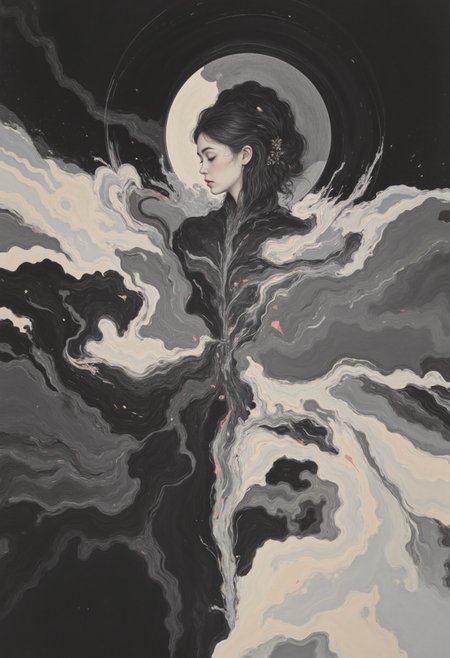 FFAIM, DB4RZ,  a minuscule  geometric glitched sleeping adult  woman god being slowly rising from the surface of the planet through the athmosphere to the outer space, halo, dynamic pose,  symmetrical object orbiting the clouds, Anime-esque, stylized, two tone art, scratchy, scribbled art style, edgy art style, dark, monochrome, dramatic angle, masterpiece, perfect