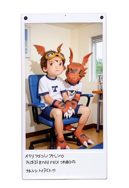 score_9, score_8_up, score_7_up, zPDXL2, 
,takato sitting chair hold guilmon,
1boy, solo, goggles on head, brown hair, jyojifuku, white shirt,  short sleeves, shorts, gym uniform,,,polaroid_photo,feral,digimon