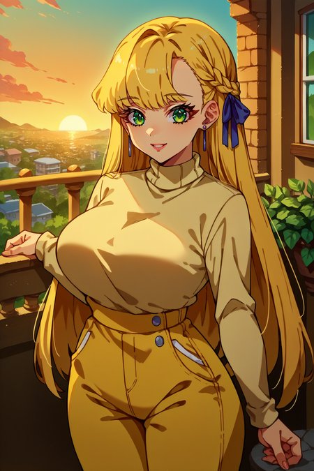 score_9, score_8_up, score_7_up, score_6_up, source_anime, 1girl, solo  <lora:theresagriebel-pdxl-nvwls-v1-000004:1> tgriebel, blonde hair, braid, long hair, hair ribbon, green eyes, earrings, large breasts, beige sweater, turtleneck, yellow pants, balcony, sunset, looking at you, happy