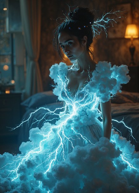 Hyper-realistic portrait of a woman wearing an ethereal dress composed of lightning, clouds, and fog. The dress appears to be alive, with tendrils of electricity crackling along its surface, illuminating the woman's pale skin with a blue-white glow. Wispy clouds swirl around her torso, forming a constantly shifting bodice, while delicate fog trails down to create a flowing skirt that fades into the air. Her hair is swept up in a windswept style, with strands lifting as if charged with static electricity. The woman's expression is intense and otherworldly, her eyes reflecting the storm contained within her garment.
The background is a softly blurred bedroom, rendered in warm, muted tones to contrast with the electric blue of the dress. Bokeh effects create floating orbs of light, suggesting bedside lamps or candles. The soft focus emphasizes the sharpness and detail of the foreground subject.
Dynamic lighting plays a crucial role, with the dress serving as the primary light source. Bright flashes illuminate the scene in rhythmic pulses, casting dramatic shadows that dance across the woman's face and the surrounding area. Softer, ambient light from the background creates a gentle rim lighting effect, separating the subject from the blurred setting.
Fine details are visible throughout, from the individual strands of hair lifting in the electrical field to the micro-expressions on the woman's face. Water droplets from the clouds catch the light, creating prismatic effects. The textures of the dress elements are hyper-detailed â the crisp edges of lightning bolts, the cotton-like puffiness of clouds, and the gossamer-thin wisps of fog, all blending seamlessly into one extraordinary garment.
