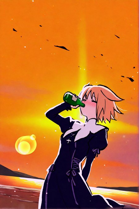 masterpiece, best quality, orange background, cinematic lighting, lens flare, flying debris, amazing quality, very aesthetic, absurdres, best quality, newest, year 2023,  Teresa Beria, Main Outfit, outdoors, beach, drinking, alcohol, dynamic angle, dynamic pose, blush, cowboy shot, soft particles, wind,   <lora:JN_Teresa_Beria_Illus:0.8>