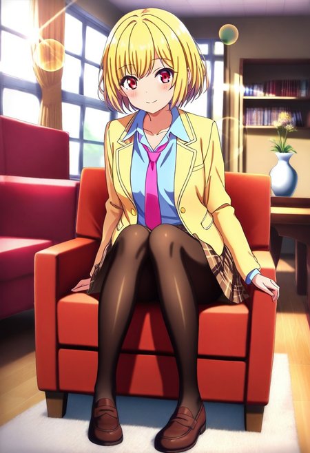 
masterpiece, best quality,amazing quality,(1girl), solo,(depth of field),(solo focus),8K,HDR,(ultra high res),(highres),(full body),(lens flare),smile,blush,(karin istel),bangs,(blonde hair),(short hair),(red eyes),(collarbone),skindentation,(school uniform),(yellow jacket),(open jacket),(blazer),(pink necktie),(collared shirt),(blue shirt),(long sleeves),(brown skirt),(pleated skirt),(plaid skirt).(black pantyhose),(brown footwear),(loafers),(sitting on chair),(indoors),(looking at viewer),(room),(curtain),(table),(couch),(carpet),(shelf),(vase),(window),karin istel


