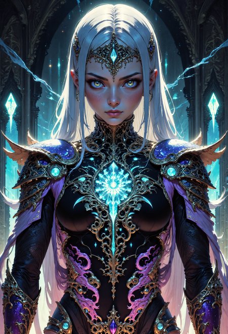 (in Otomo Katsuhiro style:1.2), masterpiece, high-quality, A breathtakingly beautiful woman clad in armor that blends the luminescence of stained glass and the rugged texture of volcanic obsidian, her presence exuding a mysterious duality, Her attire features intricate crystalline patterns interwoven with molten gold filigree, illuminated by shafts of diffused twilight that cast glowing reflections and sharp contrasts on her armor, The background depicts a cosmic cathedral with floating arches and swirling nebulae, (elaborate fine details:1.1), (hyperdetailed:1.1), (intricate details:1.0), (Refined details:1.1), (best quality:1.1), (high resolution:1.2), <lora:FLUX\VividlySurrealV2:0.6> <lora:FLUX\RIDD_FluxMedian:0.6>