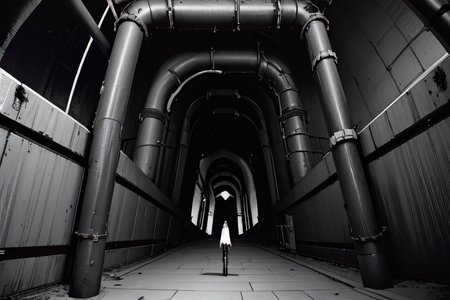 highly insanely detailed, masterpiece, top quality, best quality, highres, 4k, 8k, RAW photo, (very aesthetic, beautiful and aesthetic),  
tsutomu nihei,nihei_tsutomu,blame!,blame gakuen!,abara,TNstyle,sidonia_no_kishi,(mausoleum,giant room,space,spacecraft,tunnel,stairs,hangar,deep horizon,megastructure in background),clouds,star \(sky\),starry sky,buildings,air conditioner,foggy,tentacles,dome,bones,drainpipe, 
<lora:blamev2:0.6>, 
(1girl:1.3), 
solo focus, 
navy background,âââ