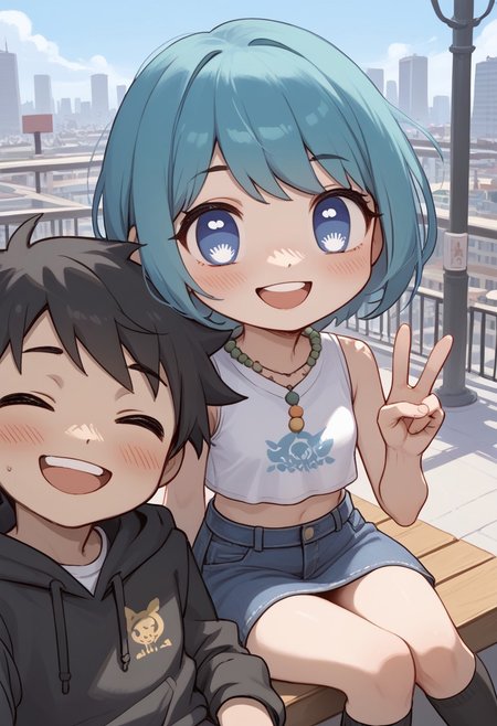 (score_9, score_8_up, score_7_up),chibi,upper body,deformed,| |, 1 girl and 1 boy,hetero, girl focus, bluca-light,aqua hair,short hair,blue eyes,symbol-shaped pupils, 
crop top, skirt, black thigh high socks, black short hair boy, jeans, day, outside, city, Couple Selfie, sitting, fully clothed, smile,happy, open eyes,Smiling with teeth showing, peace sign