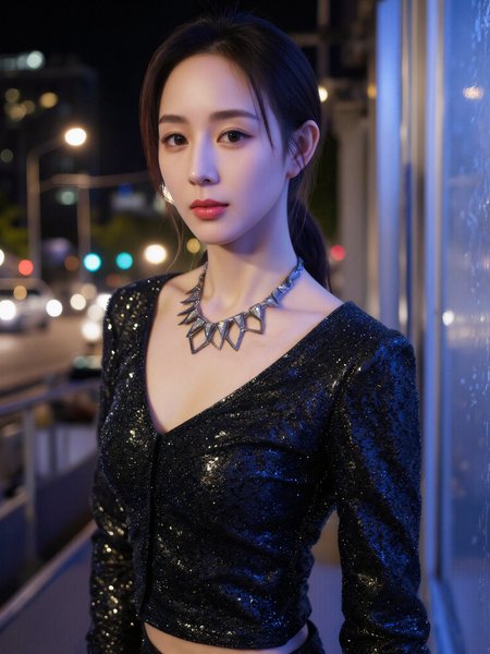 This is a high-resolution photograph featuring a young Asian woman with fair skin and a slender build. She has straight, jet-black hair styled in a sleek, low ponytail. Her facial features are delicate, with high cheekbones and subtle, natural makeup that enhances her youthful appearance.

She is wearing a black, glittery long-sleeve top that reflects light subtly, contrasting with her pale skin. A statement necklace with geometric shapes adds elegance and a modern touch to her outfit.

The background is an urban setting at night, with illuminated modern architecture made of metal and glass. Distant city lights create a soft bokeh effect, and gentle ambient lighting outlines her silhouette and facial features. The composition follows the rule of thirds, with the woman positioned slightly off-center. The camera angle is at eye level, providing a clear and balanced view of the subject.