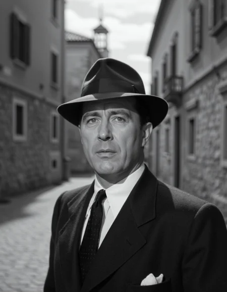 cinematic_1940s, A gritty 1940s portrait photograph captures the intense gaze of a powerful mafioso standing on a rugged Sicilian city street. The subject's sharp features are accentuated by a strong jawline and piercing brown eyes that seem to bore into the viewer's soul. A distinctive fedora hat sits atop his head, its brim pulled low over his face to add an air of mystery and menace. A crisp white shirt with a subtle sheen of starch accents the subject's broad shoulders, while a tailored black suit jacket with a hint of wear adds a touch of rugged authenticity to the image. The city street behind him is narrow and winding, with crumbling stone buildings looming above like sentinels. A few wispy clouds drift lazily across the sky, their soft peaks hidden behind the towering architecture. The overall effect is one of classic Hollywood drama and gritty realism, as if this mafioso has just stepped out of a 1940s film noir. Every detail from the subject's sharp suit jacket to the subtle creases on his face seems meticulously rendered, adding to the sense of intensity and power that pervades the image. A few subtle scratches on the city street's pavement add a touch of worn authenticity to the overall effect, hinting at a world that is rough around the edges but deeply rooted in tradition and culture. The portrait style of the photograph is classic Hollywood cinematic, with the subject rendered in sharp focus against a soft, blurred background.