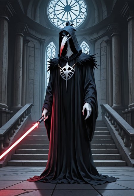 Masterpiece, best quality, highly detailed, absurdres, 1boy, (solo:1.2), cartoon, ch1ken, chicken, long beak, Black Sith lord robe, Hood, holding lightsaber, thick lightsaber, Sith temple background, detailed background, A3THER,