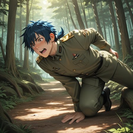 masterpiece, best quality, amazing quality, absurdres, newest, detailed background, definition so sharp, Ultra-HD, 8K cinematic, very awa, impressionate, amazing quality, highres, 
solo, male focus, manly, 
daikakukokujouji, 1boy, short hair, tied hair, low tied hair, lieutenant_pretime, lieutenant_blue hair, lieutenant_brown eyes, climbing, excited expression, but slipping, forest, sunlight, dappled light, energetic, adventurous, clumsy, charming, youthful