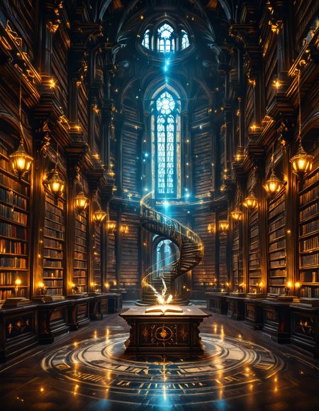 grand enchanted library filled with towering wooden bookshelves that stretch endlessly into the distance, packed with ancient, leather-bound books glowing with mystical runes. The atmosphere is illuminated by floating candles and ethereal blue and golden lights that hover in the air, casting a warm, magical glow. A spiral staircase made of dark oak winds upward, disappearing into the shadows of the high-vaulted ceiling adorned with intricate celestial carvings. Wisps of enchanted mist swirl around the floor, while some books levitate gently from shelf to shelf, as if guided by an unseen force. The air shimmers with dust particles suspended in soft, golden light filtering through stained glass windows, depicting mythical creatures and arcane symbols. The scene is rich in deep, warm tones of mahogany, gold, and sapphire, evoking a sense of wonder, mystery, and timeless knowledge. The image is highly detailed and photorealistic, capturing the textures of the aged books, the glow of magical elements, and the enchanting stillness of this mystical sanctuary of wisdom.
<lora:SDXLFaeTastic2400:0.4> <lora:extremely_detailed:0.4> extremely detailed,<lora:3nch4nt3d_l1br4ry-ill:1>,3nch4nt3d l1br4ry, Masterpiece,best quality,hi res,8k,hi res,8k,award winning,(sharp focus, intricate, highly detailed),