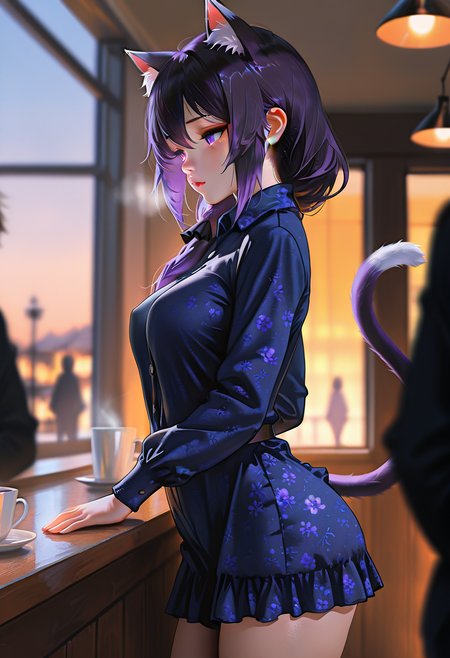 masterpiece, best quality, amazing quality, very aesthetic, absurdres, newest, (scenery, volumetric lighting),depth of field, 1girl,solo,(( pointy breasts )),((side view:1.1),(from the side:1.1),,Cowboy Shot) , eyeliner,tamaki \(princess connect!\), princess connect!, 1girl, cat ears, animal ear fluff, cat tail, fang, two tails, purple eyes, hair between eyes, purple hair, short hair, gradient hair, white hair,, 1girl,  guilt, Purple floral print mini dress with ruffled hem,huge breasts, Large and teardrop shaped breasts,(covered breasts:1.3),wide hips,curvy,big ass,Large and deep-seated nipples,thick thighs,skindentation,tsuki_ni_kawatte_oshioki_yo, cafe,evening, cold,solo focus, unsr,,(shiny skin:0.7),(sakimichan:0.8,wlop:0.5),masterpiece, best quality, amazing quality, very aesthetic, absurdres, newest, (scenery, volumetric lighting),depth of field,gobo lighting, <lora:ALT3R4TI0N_Style:0.8>