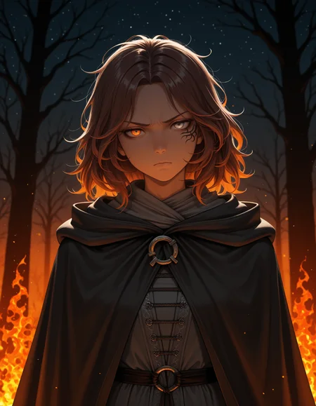 <lora:Melina - Elden Ring (NoobAI):1>
1girl, solo,
m3lina, facial tattoo, brown hair, medium hair, heterochromia, orange eye, grey eye, messy hair, 
grey dress, hooded cloak, 
serious, looking at viewer, head tilt, scowl,
dark, night, sky, star \(sky\), blurry background, bokeh, fire, burning, orange theme, blurry fire, bare tree, ash, blurry foreground,, masterpiece, best quality, amazing quality,