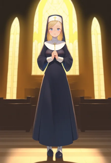 best quality, amazing quality, very aesthetic, absurdres,
1girl, blonde hair, blue eyes, long hair, nun, boots, dress, hat, robe,
full body, looking at viewer, solo, standing, indoors, church background, <lora:MoryoNoob_byKonan:1>