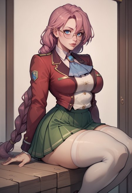 score_9, score_8_up, score_7_up, score_6_up BREAK emmathors, ascot, blue eyes, braided ponytail, breasts, glasses, loafers, long hair, pink hair, pleated skirt, red jacket, single braid, thighhighs, white shirt, green skirt,sitting,thick thighs  <lora:emma-rebake3:0.8>