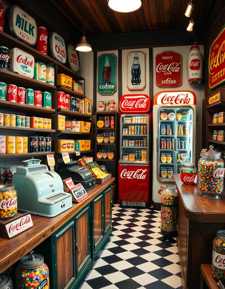 A vintage 1950s grocery store filled with nostalgic details. Wooden shelves neatly stocked with classic canned goods, glass soda bottles, and colorful retro packaging. An old-fashioned cash register sits on the wooden counter, next to a small scale for weighing produce. The checkered black-and-white tile floor adds to the mid-century charm, while hand-painted signs on the walls advertise milk, bread, and coffee in bold, retro fonts. A display of penny candy in glass jars sits near the entrance, and a vintage Coca-Cola refrigerator hums in the background. Soft, warm lighting casts a nostalgic glow over the scene, enhancing the rich textures of wood, glass, and metal, capturing the essence of a bygone era.
<lora:SDXLFaeTastic2400:0.4> <lora:extremely_detailed:0.4> extremely detailed
 <lora:1950s_grocery_st0r3:1>,1950s grocery st0r3, Masterpiece,best quality,hi res,8k,hi res,8k,award winning,(sharp focus, intricate, highly detailed),