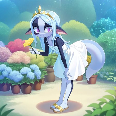 wisp, 1girl,solo,white hair,,pointy ears,,colored skin,furry,source_furry,
tail,
masterpiece, child, kid, 
masterpiece, best quality,  long hair, sidelocks,  gold tiara, earrings, sundress, spaghetti straps, leaning forward, sandals, looking at viewer,, smile, holding flowers, garden, flower pot
