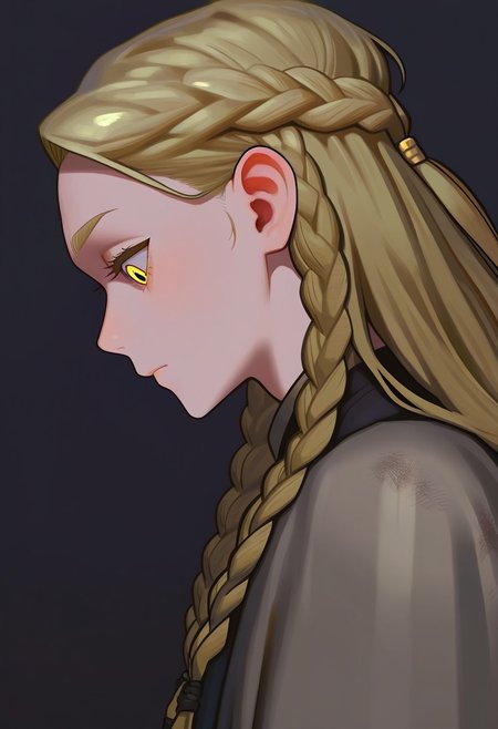 masterpiece, best quality, very aesthetic, high resolution, ultra-detailed, absurdres, newest, extremely detailed eyes, beautiful, perfect lighting, hi res, amazing quality, very awa, pvdc_il, PVDC_STL, sketch style, dirty style, pastel style, braid, long hair, male focus, 1boy, upper body, multiple braids, black background, profile, yellow eyes, from side, blonde hair, androgynous, closed mouth, looking down, eyelashes