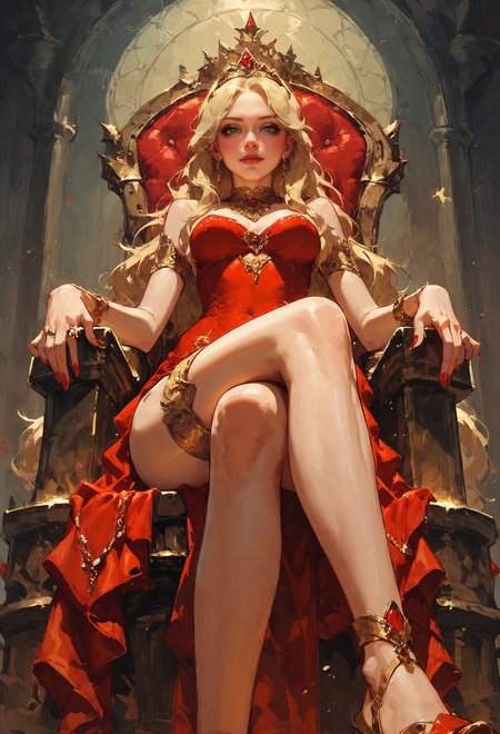 (score_9, score_8_up:1.1), score_7_up, 1girl, petite, blonde hair, long hair,  sitting on a golden throne, red royal dress, red royal miniskirt, thighs, crossed legs, from below, air of superiority, throne room, golden tiara, nail polish, red fingernails  <lora:sdxl\vixon_pony_oil:0.7> <lora:sdxl\Concept Art Eclipse Style LoRA_Pony XL v6:0.5>