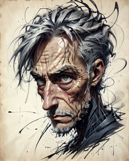 concept art, the face of a 85 year man who has been struggling through the bleak dreary drudgery of life, square shaped face, detailed skin, detailed skin texture, skin pores, vellus hair, crystal clear light grey eyes, (leathery skin, worn damaged skin, thin paper like skin , wrinkled skin, loose skin:1.3) sunken eyes, flat bulbous nose, crooked nose, high cheekbones, (sunken cheeks:1.3), prominent chin, deep worry lines, gaunt, broken, (long hair, full head of hair, thick hair, white hair, wild wiry hair, hair sticks straight up like a mad scientist, unkempt hair:1.3),  (long wiry white beard, messy wild beard, big thick wildly bushy eyebrows, grey eyebrows, thick visible ear hair, long visible nose hair:1.3), thin sunken lips like, has no teeth, (prominent underbite:1.3), it feels like everything and everyone has been trying to drag him down as he just tried his best to get through every damn day, dark, ominous, 8k, UHD, 35mm film, intricate details, hyperrealism, film grain, deep depth of field,  wide shot, wrinkled denim jean shirt,   <lora:linquivera:1> linquivera, liiv1