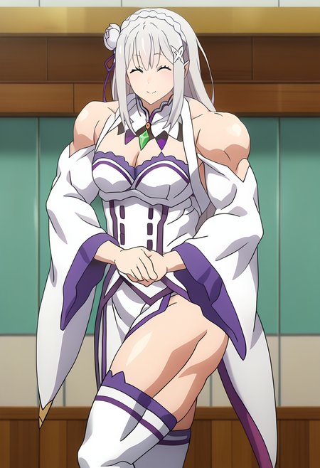 score_9, score_8_up, score_7_up, source_anime,
BREAK
<lora:shiSaidoV1:1>, 
saidochesto, flexing, biceps, thick thighs, thick arms, manly, muscular, large pectorals, bara, 
facing viewer, smile, closed mouth, closed eyes, indoors, 
1girl, solo, anime screencap, anime coloring, 
<lora:shiEmiliaV2:1> shimilia, long hair, grey hair, purple eyes, pointy ears, crown braid, hair flower, hair ribbon, purple ribbon, x hair ornament, white dress, cleavage, bare shoulders, wide sleeves, white thighhighs, thigh boots,