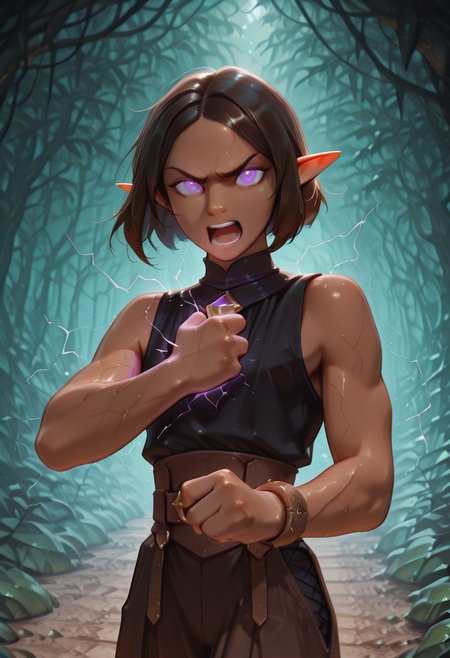 1 Lapanya, solo, Repeta, violet eyes, black sleeveless top,
furrowed eyebrows, pained expression, open mouth, shouting, grabbing wrist, purple electricity, purple veins, glowing eyes,
Holding purple gemstone in one hand, 4-sided gemstone, small gemstone,
organic cavern background, 
Medieval style, Smooth colors, detailed eyes, perfect hands, clean lines, high quality, best quality, masterpiece, rating: safe, source: anime,