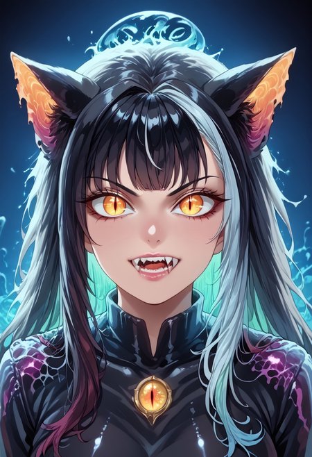 Extreme photorealistic, 1GRIL, portrait, cat girl, mesmerizing golden eyes, slit pupils.  34 YEARS OLD, wrinkles, eye focus, glowing eyes, YELLOW EYES, CAT EYES, big eyes, anime eyes, SPLIT-COLOR HAIR, MIX OF WHITE AND BLACK HAIR, MULTICOLORED HAIR, TUSKS, BIG CANINE TEETH. fangs, Fang, BLACK SLIT PUPILS,  streaked hair, body turned, looks at viewer, leather shoulder padding, bangs, slime-morph, sl1m3d, made of slime.