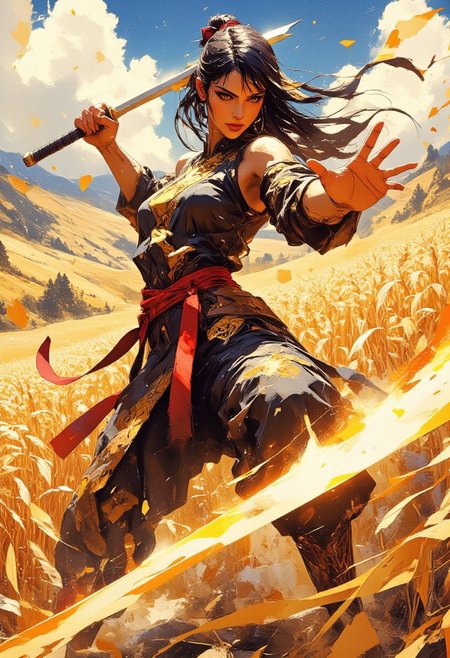 impressionistic watercolor sketch, anime.
dramatic mid action shot of a female heroine, during highly dynamic combat motion. she wears a a slit, black-gold qipao, with golden, intricate, traditional embroidery. her red hair bow, sash, and straight long black hair, trail her movements. 
the woman is vigilant and brisk, fighting with bare hands and exceptional, graceful athleticism.
the surrounding is a vast, golden wheat field, the background rolling hills, and the sky bathed in golden sun light.
the overall mood is suspenseful and energetic. high resolution image with focus on ultra detailed clothing and skin textures. the color palette is overall warm and soft.