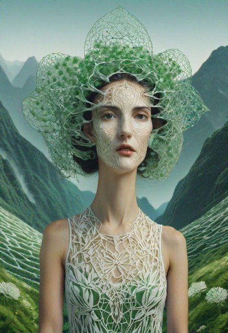 woman, standing, looking at viewer, mountains, wearing HUD_shmrck, made of delicate shamrock leaves intricately woven together, clean face, creating a whimsical and ethereal look, highly detailed. Masterpiece, HD, 3D