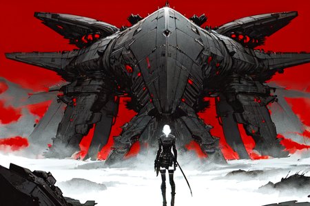 highly insanely detailed, masterpiece, top quality, best quality, highres, 4k, 8k, RAW photo, (very aesthetic, beautiful and aesthetic),  
tsutomu nihei,nihei_tsutomu,blame!,blame gakuen!,abara,TNstyle,sidonia_no_kishi,star \(sky\),starry sky,empty,biomachine,bioluminescence,decrepit,vast scenery,perspective,no human,dark background,futuristic,flock,dystopia,destroyed,open space, 
<lora:blameLora_v10:0.7>, 
(1girl:1.3), 
solo focus, 
(pure red background,transparent background:1.2),âââ