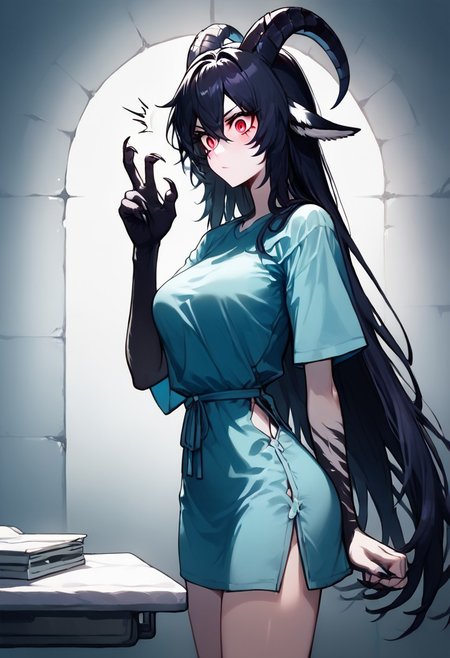 score_9, score_8_up, score_7_up, source_anime,  uncensored, <lora:Viper_Risen-000014:1>, v1p3r1seV6, BREAK, 1 girl, solo, monster girl, 18 years old, 160 cm tall, sickly pale skin, bright red eyes, circles under the eyes, goat horns, black horns, ash-black hair, long hair, disheveled hair, medium breasts, claws, black arms, black legs to mid-thigh, pale blue dirty surgical shirt, bright red stripes on shoulders and neck, hospital gown, girl standing near table, holding folder with documents, looking at folder, surprised look, serious expression, side view, modern hospital, abandoned hospital, night, dim light, dark corridor