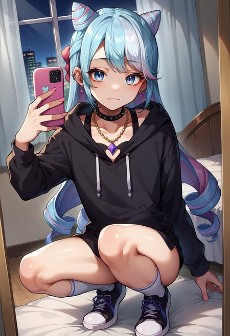 score_9, score_8_up,score_7_up, source_anime, 1boy, solo, otoko no ko, <lora:EPfeRosadoPony_epoch_6:0.75>, EPfeRosado, blue hair, multicolored hair,blue eyes, very long hair, pink hair, twin drills, drill hair, hair bun, cone hair bun, crossdressing, 
 necklace, ear piercing, black hoodie, white socks, kneehighs, sneakers, black sneakers, squatting, selfie, taking picture, mirror selfie, bedroom, bed, mirror, at a dark room, at night , city view from the window , gyaru,
