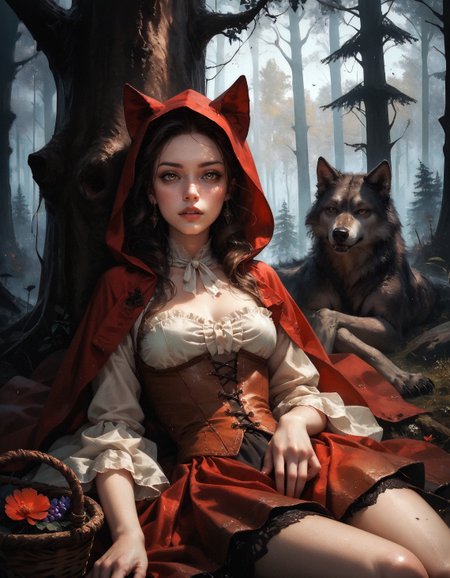 score_9, score_8_up, score_7_up, score_6_up, score_5_up, score_4_up,  realistic, 3/4 pic, 19 year old sexy woman, brown eyes, Little red riding hood, sitting under a tree, (((big dark wolf laying beside her))), dark forest, looking at viewer, she has a wicker basket with a lid beside her, orange brown leather corset, short red mini skirt, skirt floating in wind, big round breast, seductive body, cute sexy pose, petite body, flirtatious look, forest background, 8k detail, smooth image, detailed face,
