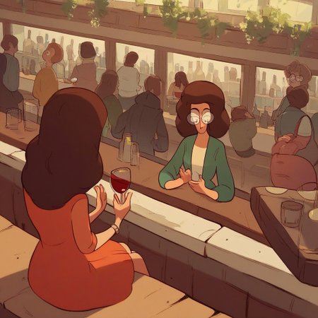 score_9, score_8_up, score_7_up, score_6_up, score_5_up, score_4_up, 1girl, msbaker, brown hair, dress, glasses, sitting, bar, wine glass, crowd, view from above, looking down