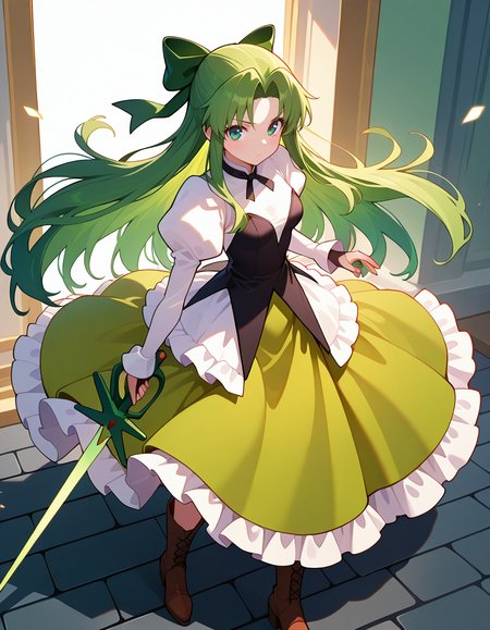 <lora:DHERivierafiaa_SDXL_illustrious_fp16_ver01:1>,DHERivierafiaa, 1girl, green long hair, green eyes, ribbon, dress, juliet sleeves,boots, long sleeves, bridal gauntlets, hair bow,holding sword,, masterpiece, best quality, very aesthetic, absurdres,<lora:detailed_hands:1>,hand