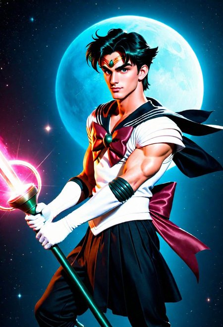 League of Legends, 1male, male focus, riot style, digital art, concept art, realistic, fantasy, 4k, best quality, masterpiece, extremely detailed, very detailed face, very detailed eyes, dynamic angle, seen from above, perspective shot, dynamic pose, fighting pose, 3D, vintage sci fi poster of a lean male, MAN, MALE, tall, gorgeous, male model, stunning, dark green hair, straight hair, man bun, combed hair, round face, huge plumped lips, big lips, blushed, videogame eyes, man only, shy, beautiful, romantic, calmed, wearing a sailor pluto uniform, sailor senshi uniform, burgundy bow, black skirt, holding a long scepter, flying in space, surrounded by smoke, (cinematic light, volumetric), Cinematic Shot