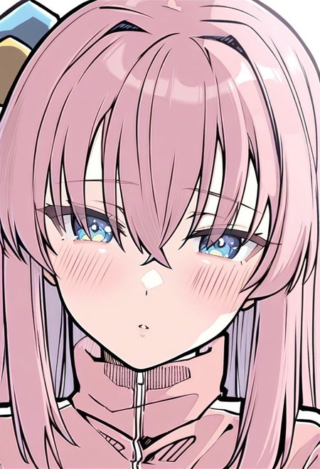 sdgs, 1girl, solo, hair ornament, cube hair ornament, blue eyes, pink long hair, pink track jacket, bangs, hair between eyes, (masterpiece,best quality,ultra_detailed,highres,absurdres:1.2)
