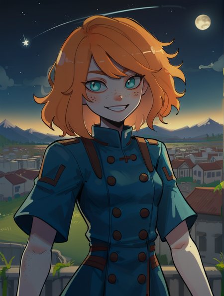 score_9_up, score_8_up, score_7_up, dynamic pose, cowboy shot, wide shot, straight-on, facing viewer, 1girl, medium hair, dark orange hair, spotted hair, dark orange hair, aqua eyes, pale skin, freckles, small breasts, smiling, teeth, waist coat
, outside, landscape, at a village, <lora:lowlight:.4>, night, night sky, stars, half moon, shooting star, cloudy, <lora:BSDBN-24:.8>, BSDBN